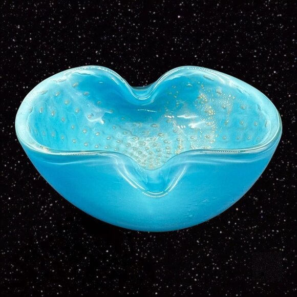 Murano Mid Century Art Glass Bowl Ashtray Blue Gold Aventurine Glitter 5”W 2”T - Picture 8 of 12